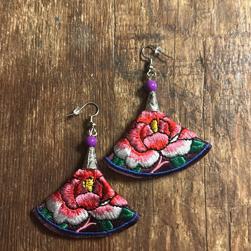 SOLD Red Floral Embroidered Earrings on plum silk
